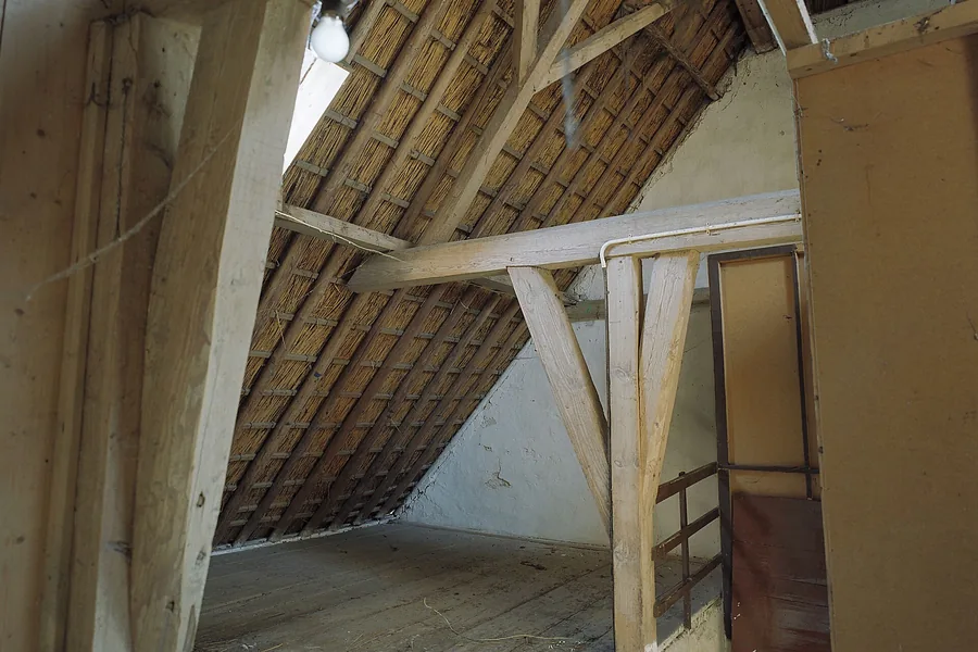 Ongeïsoleerde zolder met houten kapconstructie, gordingen en rietmatten onder de pannen